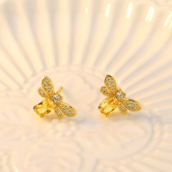 NEW 18K Gold Citrine Diamond Bee Stud Earrings - Picture 4 of 7